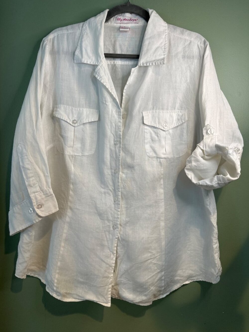Lily Stanhope 1X 100% Linen White Button Front Blouse Roll Tab Sleeve Coastal